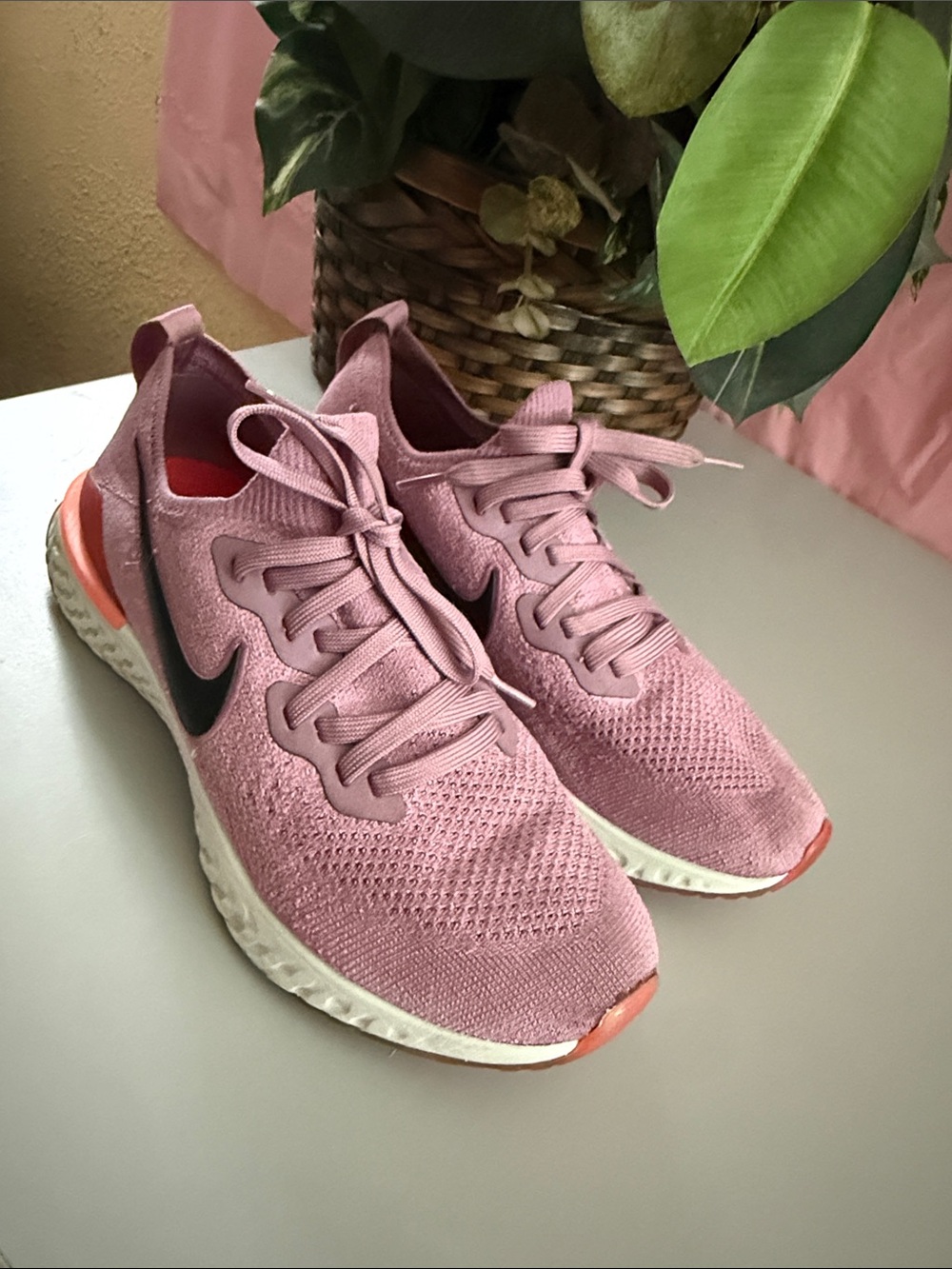 Nike Women’s Dusty Pink Knit Running Sneakers with Black Swoosh